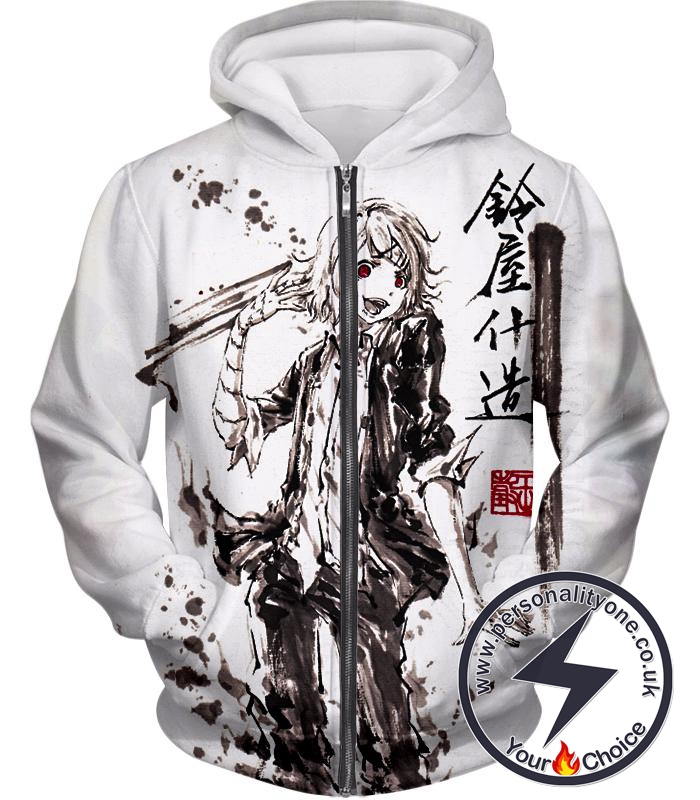 Tokyo Ghoul Cool Juuzou Suzuya Ghoul Investigator Awesome Sketch White Zip Up Hoodie